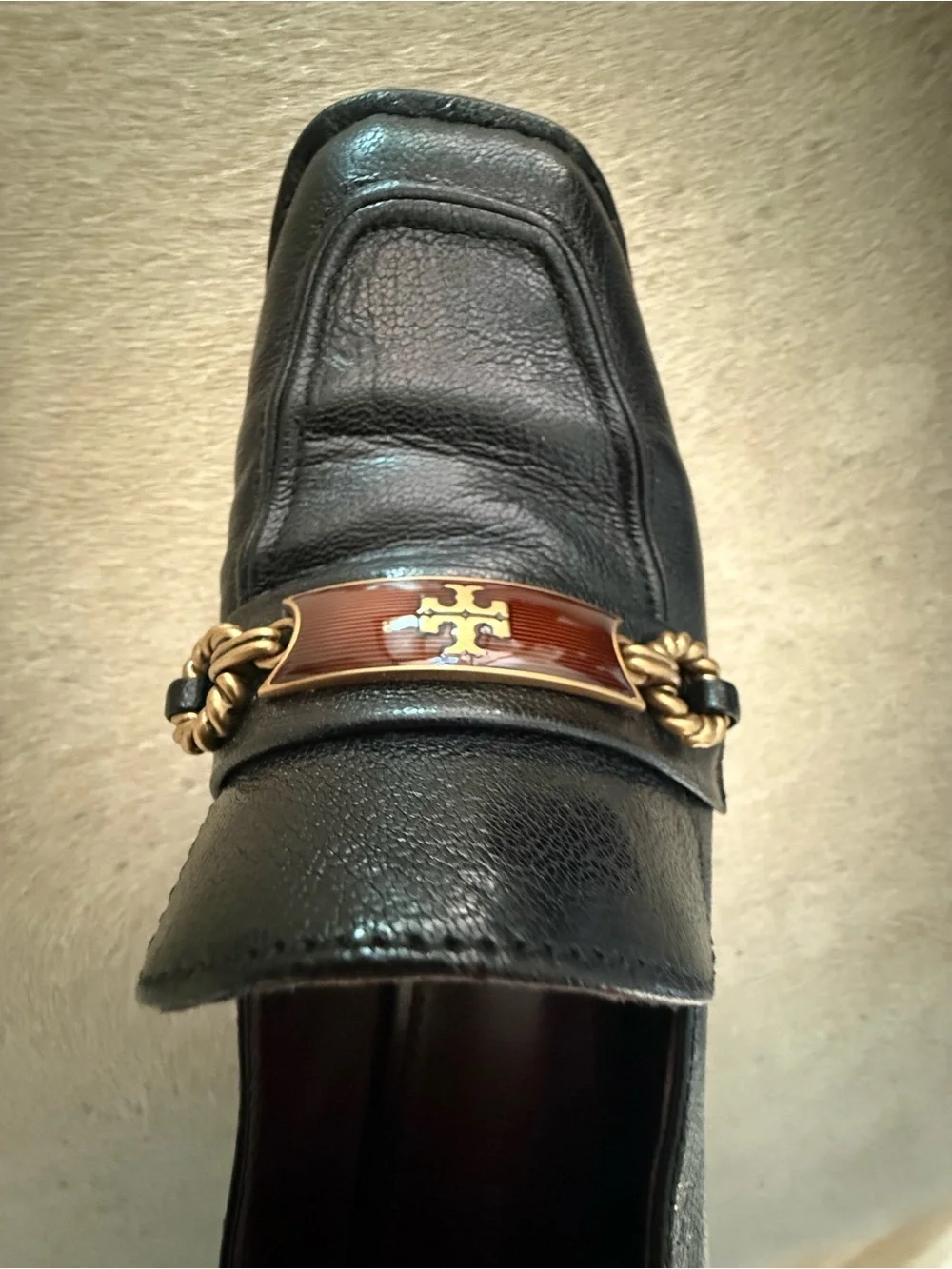 Tory Burch Black Leather Block Heel Loafers with Brown and Gold Trim